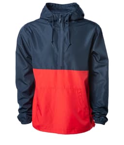 A lightweight anorak windbreaker in navy and red, featuring a hood and a central pocket. Includes a logo.