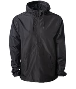 A black lightweight anorak windbreaker with a hood and front pockets, featuring a logo.