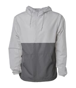A lightweight men's anorak windbreaker in white and grey, featuring a hood and a front pocket. It has a logo.