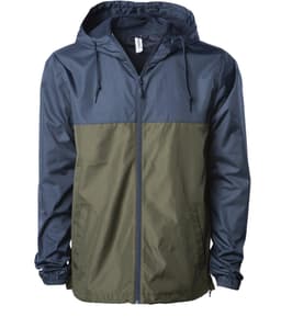 A lightweight windbreaker zip jacket featuring a navy upper half and an olive green lower half, with a hood and pockets.