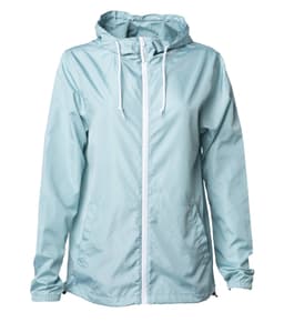 A light blue men's lightweight windbreaker zip jacket with a hood and front pockets. It features a logo on the sleeve.