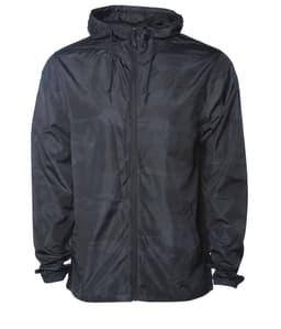 A men's black lightweight windbreaker zip jacket featuring a hood and drawstring. The jacket has a logo on it.