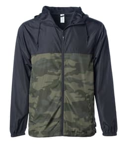 A lightweight windbreaker zip jacket in black and camouflage green, featuring a hood and front zip closure.