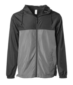 A men's lightweight windbreaker zip jacket in black and grey, featuring a hood and a zip front, with a logo on it.
