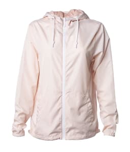 A lightweight windbreaker zip jacket in soft pink, featuring a hood and drawstring, with an elasticised hem.