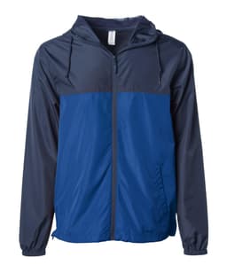 A men's lightweight windbreaker zip jacket featuring a blue and navy colour design and a hood. It has a logo on it.