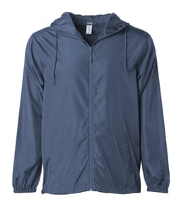 A men's lightweight windbreaker zip jacket in navy blue with a hood and drawstrings. Features a branding logo.