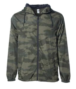 A men's lightweight windbreaker zip jacket in a green camo pattern with a hood and drawstrings. It features a logo.