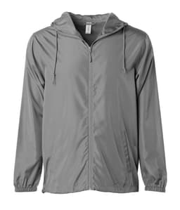 A grey lightweight windbreaker zip jacket with a hood and drawstrings, featuring a logo on the front.
