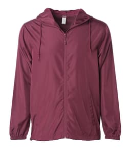 A maroon lightweight windbreaker zip jacket with a hood, featuring a front zipper and an adjustable drawstring.