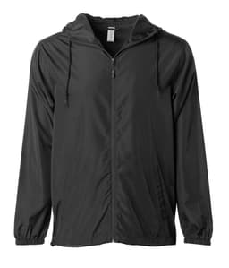 A men's lightweight windbreaker zip jacket in black with a hood and zip front, featuring a logo.