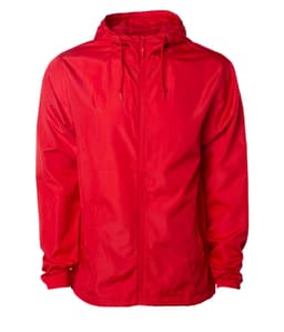 A red lightweight windbreaker zip jacket with a hood and adjustable drawstrings, featuring a logo on the design.