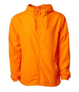 An orange lightweight windbreaker zip jacket with a hood and drawstrings, featuring an elastic cuff design.