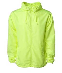 A lightweight windbreaker zip jacket in bright fluorescent yellow, featuring a hood and adjustable drawstrings.