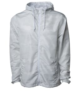 A lightweight windbreaker zip jacket in white with a subtle camouflage pattern, featuring a hood and front pockets.