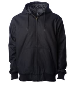 A black work jacket with a hood and front pockets, featuring a zip closure and drawstrings.
