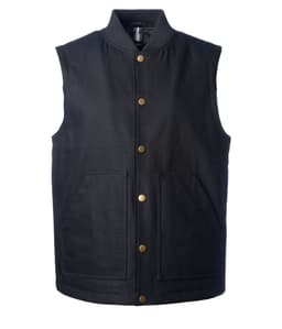 A black Kodiak duck canvas work vest featuring a collared neckline and front pockets, with a logo present.