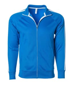 A blue unisex poly zip track jacket with white stripes on the shoulders and a front zip. It has a logo on it.