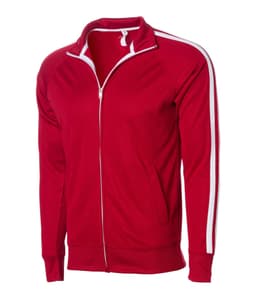 A red adult unisex poly zip track jacket featuring white stripes and a zipper front. It includes a logo on the chest.