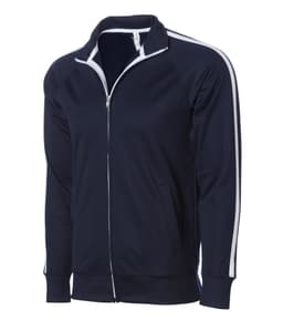 A navy blue zip track jacket featuring white side stripes and a zippered front, designed for unisex wear.