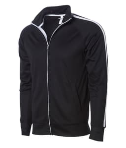 A black poly zip track jacket with white side stripes and a collar, featuring a logo on the chest.