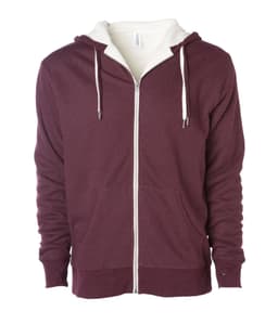 A unisex maroon hoodie with a cream-coloured sherpa lining and a zip front. It features a kangaroo pocket and hood.