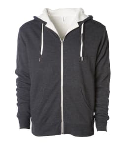 A unisex zip hoodie in dark grey with a white Sherpa lining and drawstring hood. It features front pockets and a logo.