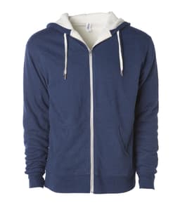 A unisex navy hoodie with a Sherpa lining and a zip front, featuring a light-coloured inner and a logo.