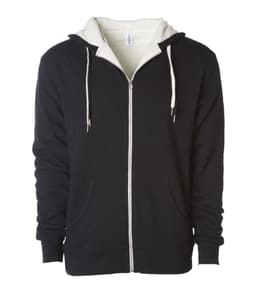 A black unisex zip hoodie with a sherpa-lined white interior and drawstring hood, featuring front pockets.