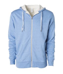 A blue unisex zip hoodie with a white sherpa lining and adjustable drawstrings on the hood.