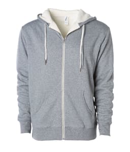 A grey unisex zip hoodie with a sherpa lining, featuring a hood and drawstrings. It has an overall casual design.