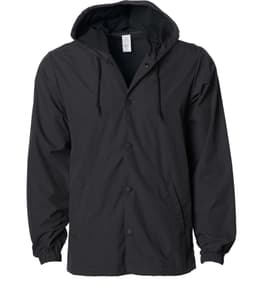 A men's nylon hooded windbreaker in black with a button-up front and drawstring hood. It features a logo.