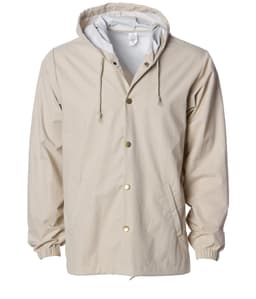 A mens nylon hooded windbreaker in beige with a grey interior, featuring a front button closure and pockets.