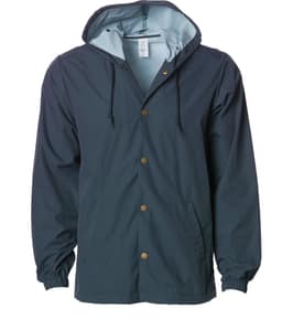 A men's navy nylon hooded windbreaker with a light blue lining, featuring a front snap closure and drawstrings.