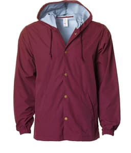 A maroon hooded windbreaker with a light blue lining and a button-up front. It features a logo on the chest.