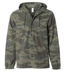 A men's hooded windbreaker in camouflage pattern, featuring buttons and adjustable drawstrings on the hood.
