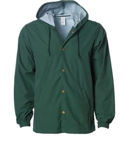 A men's hooded windbreaker in dark green with a light blue lining and front snap buttons, featuring a logo.