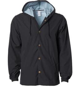 A men's hooded windbreaker in black with a light blue interior, featuring buttons and an adjustable hood.