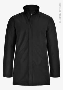 A black men's jacket with a high collar design, made from recycled polyester. It features a clean, modern silhouette.
