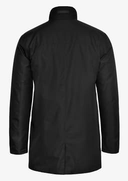 A black jacket with a long back, featuring a collar and long sleeves, and includes a logo.