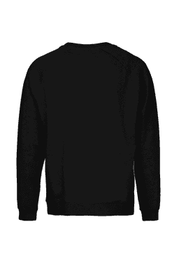 A black sweatshirt with a simple, classic design, featuring a crew neck and long raglan sleeves. It has a logo on the back.