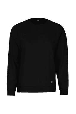 A black sweatshirt featuring a simple design and a small branding label at the bottom.