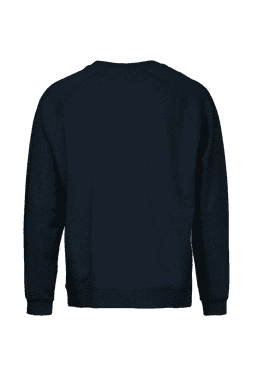 A navy sweatshirt with a simple design and a crew neck, featuring long sleeves and ribbed cuffs.