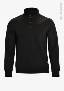A black unisex sweatshirt featuring a zippered collar and a branded label on the hem.