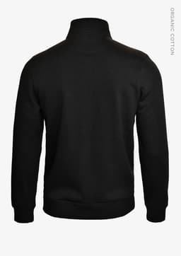 A black unisex sweatshirt featuring a high collar and a plain design, with a logo on the back.