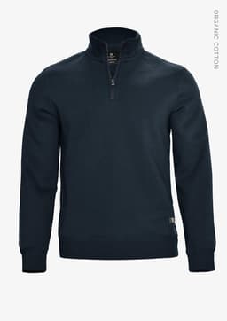 A navy unisex sweatshirt with a half zip and long sleeves, featuring a small logo on the lower side.