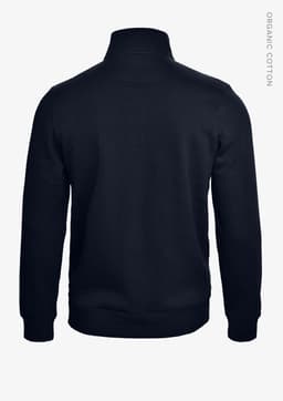 A dark navy unisex sweatshirt with a high neckline and a logo on the back. Made from organic cotton.