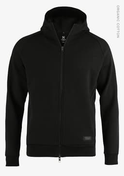 A black zip-up hoodie featuring a hood and a logo on the front. Made from organic cotton.