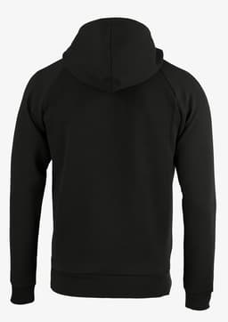 A black hooded jumper with a simple design and a logo on the back.