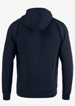 A navy blue hoodie with a hood and raglan sleeves, featuring a simple design and a logo on the back.